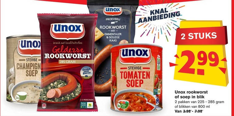 Unox   rookworst, soep folder aanbieding bij  Hoogvliet - details