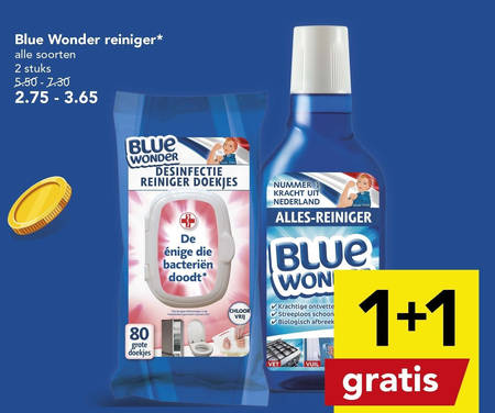 Blue Wonder   vochtige schoonmaakdoekjes, allesreiniger folder aanbieding bij  Deen - details