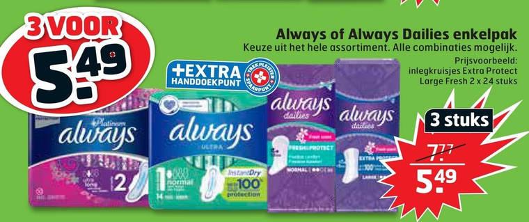 Always   maandverband, inlegkruisjes folder aanbieding bij  Trekpleister - details