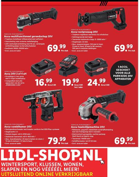 Parkside   gereedschap accus, reciprozaag folder aanbieding bij  Lidl - details