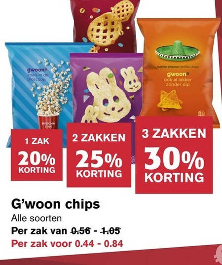 Gwoon   chips, popcorn folder aanbieding bij  Hoogvliet - details