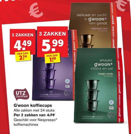 Gwoon   koffiecups folder aanbieding bij  Hoogvliet - details