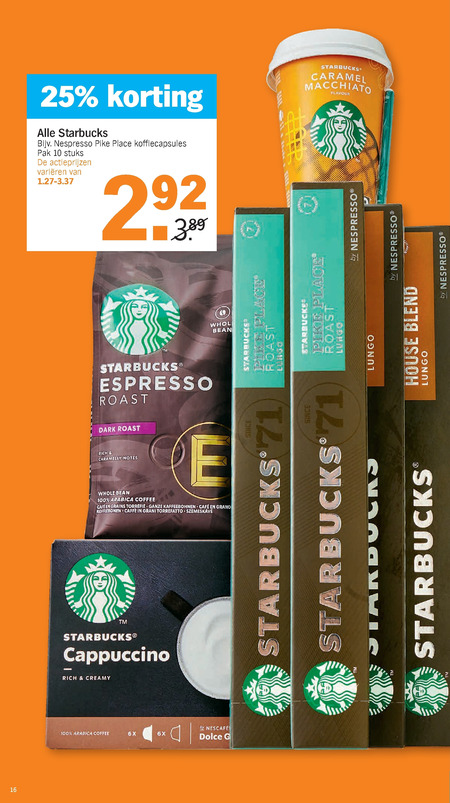 Jonge dame Cilia trek de wol over de ogen Starbucks koffiebonen, ijskoffie folder aanbieding bij Albert Heijn -  details