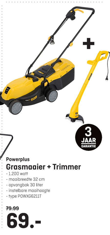 powerplus   elektrische grasmaaier, strimmer folder aanbieding bij  Hubo - details