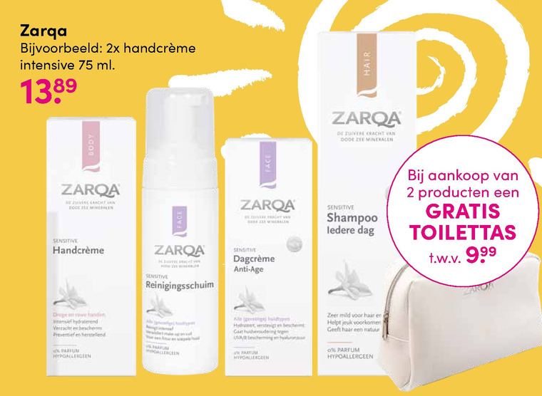 Zarqa   reinigingslotion, handcreme folder aanbieding bij  DA - details