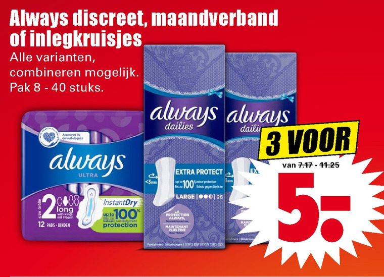 Always   maandverband, inlegkruisjes folder aanbieding bij  Dirk - details