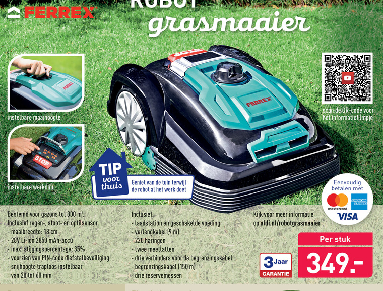 Facet Amuseren Peave Ferrex robotgrasmaaier folder aanbieding bij Aldi - details