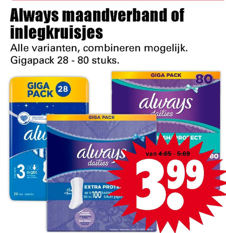 Always   maandverband, inlegkruisjes folder aanbieding bij  Dirk - details