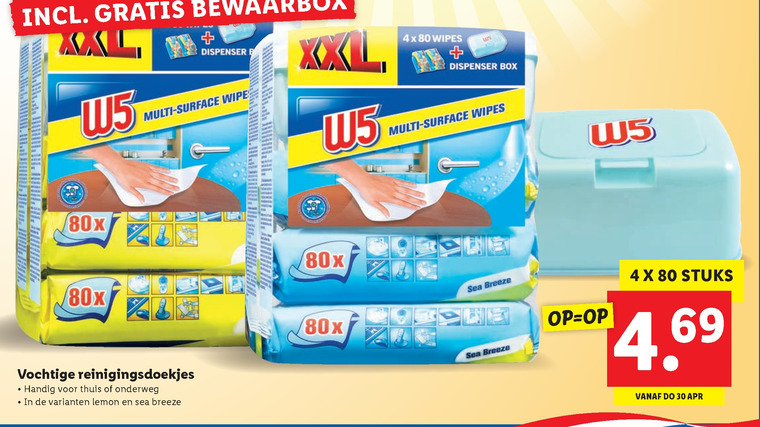 W5   vochtige schoonmaakdoekjes folder aanbieding bij  Lidl - details