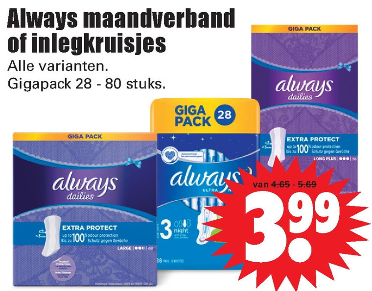 Always   maandverband, inlegkruisjes folder aanbieding bij  Dirk - details