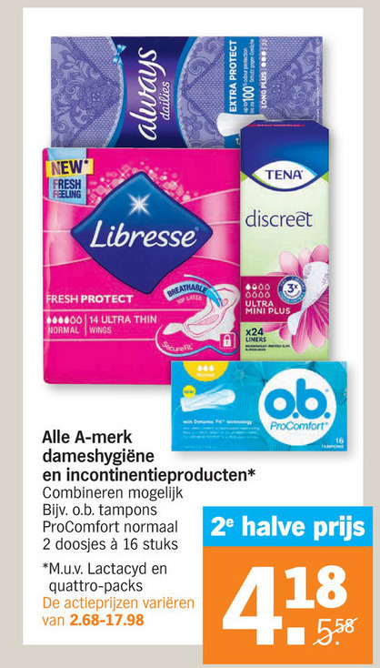 Alle merken   inlegkruisjes, tampons folder aanbieding bij  Albert Heijn - details