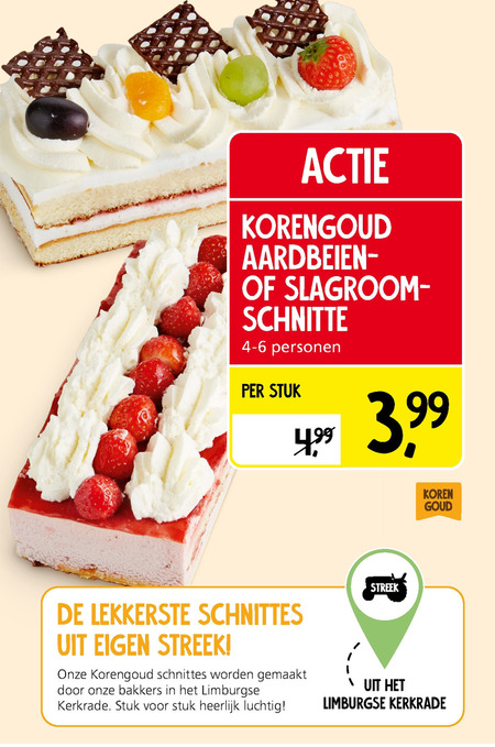 Korengoud   slagroomschnitte, aardbeienschnitt folder aanbieding bij  Jan Linders - details