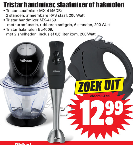 Tristar   hakmolen, handmixer folder aanbieding bij  Dirk - details