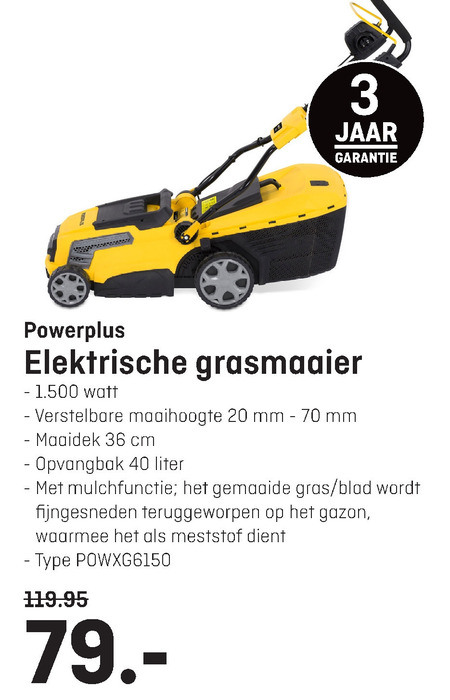 powerplus   elektrische grasmaaier folder aanbieding bij  Hubo - details