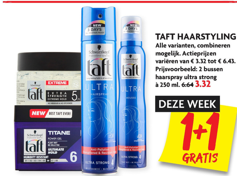 Taft   haargel, hairspray folder aanbieding bij  Dekamarkt - details