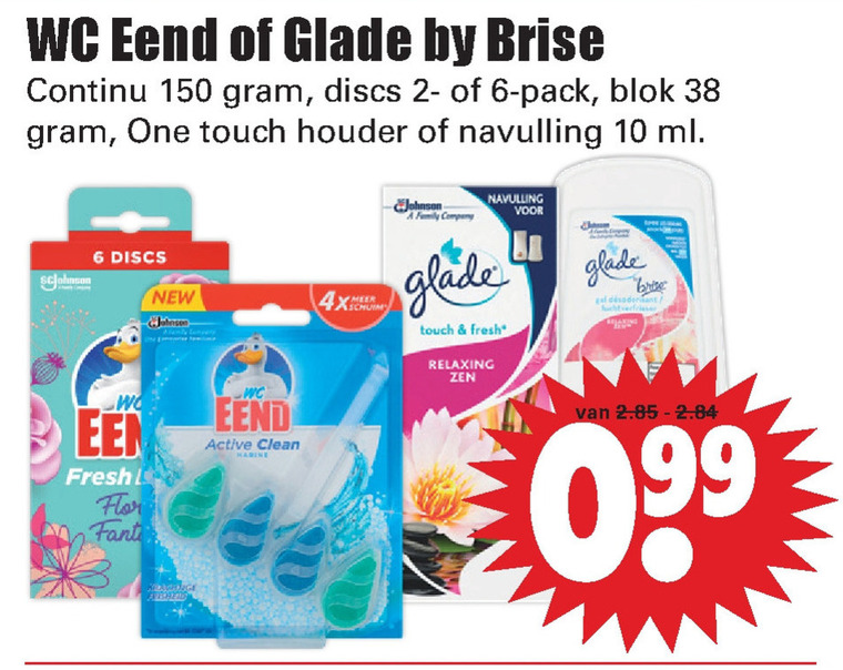 Glade   luchtverfrisser, toiletblok folder aanbieding bij  Dirk - details