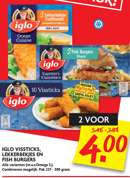 Iglo   visburgers, vissticks folder aanbieding bij  Dekamarkt - details