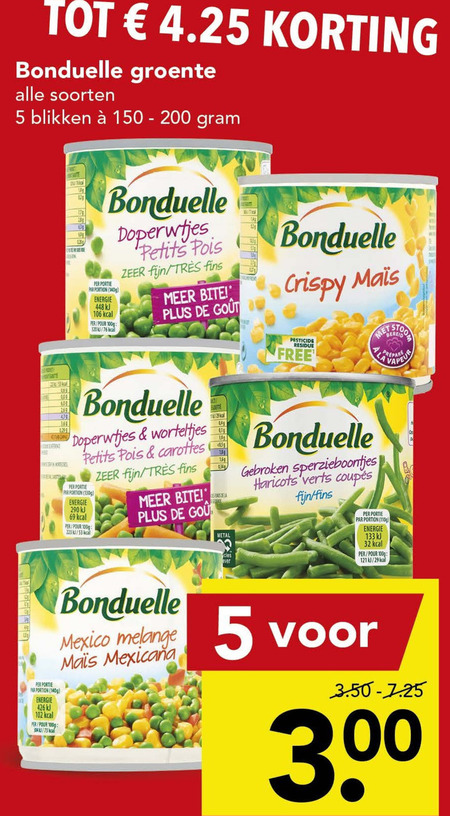 Bonduelle   groenteconserven folder aanbieding bij  Deen - details