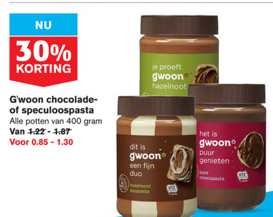 Gwoon   chocolade, hazelnootpasta folder aanbieding bij  Hoogvliet - details