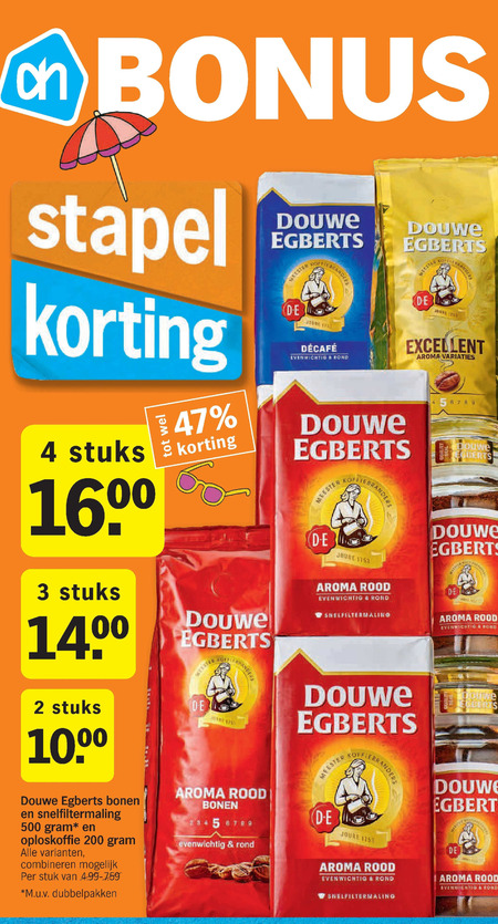 Uitgebreid cement opleggen Douwe Egberts koffiebonen, koffie folder aanbieding bij Albert Heijn -  details