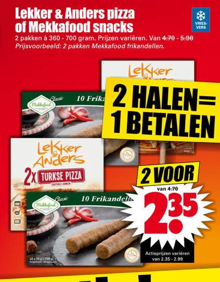 Mekkafood   diepvriespizza, frikandellen folder aanbieding bij  Dirk - details