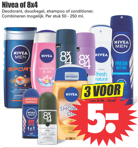 8x4   douchegel, shampoo folder aanbieding bij  Dirk - details