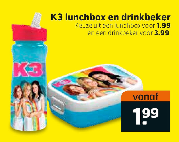 K3   drinkbeker, lunchbox folder aanbieding bij  Trekpleister - details