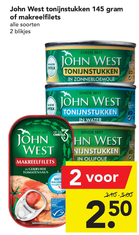 John West   tonijn in blik, makreelconserven folder aanbieding bij  Deen - details