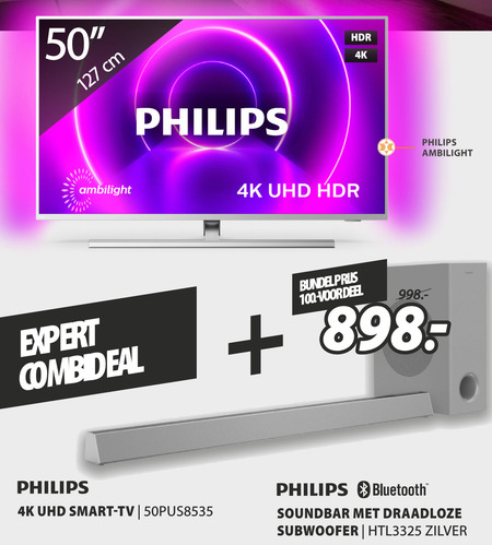 Philips   soundbar, 4k ultrahd televisies folder aanbieding bij  Expert - details