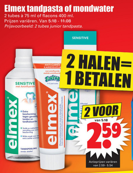 Elmex   mondwater, tandpasta folder aanbieding bij  Dirk - details