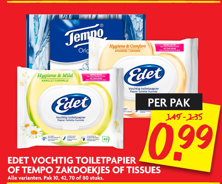 Edet   vochtig toiletpapier, tissue folder aanbieding bij  Dekamarkt - details