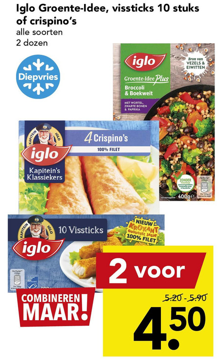 Iglo   visschnitzel, vissticks folder aanbieding bij  Deen - details