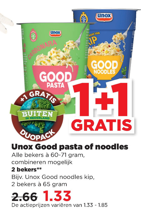 Unox   pasta, noodles folder aanbieding bij  Plus - details