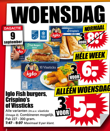 Iglo   visburgers, visschnitzel folder aanbieding bij  Dirk - details