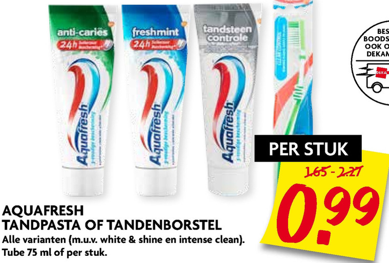 Aquafresh   tandpasta, tandenborstel folder aanbieding bij  Dekamarkt - details