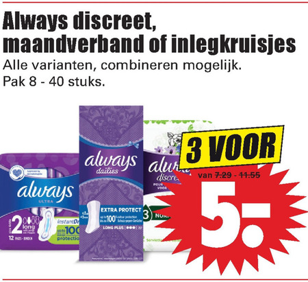 Always   inlegkruisjes, maandverband folder aanbieding bij  Dirk - details