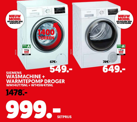 Zeldzaamheid propeller Martelaar Siemens wasmachine, warmtepompdroger folder aanbieding bij Mediamarkt -  details