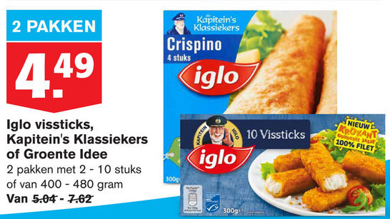 Iglo   vissticks, visburgers folder aanbieding bij  Hoogvliet - details