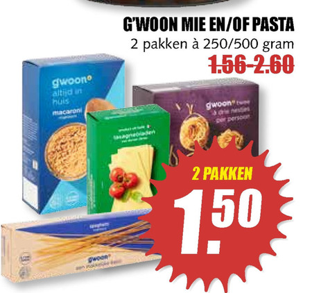 Gwoon   mie, macaroni folder aanbieding bij  MCD Supermarkt Basis - details