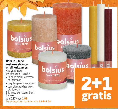 Productiecentrum Viool Scheermes Bolsius rustieke kaarsen, dinerkaars folder aanbieding bij Albert Heijn -  details