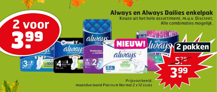 Always   inlegkruisjes, maandverband folder aanbieding bij  Trekpleister - details