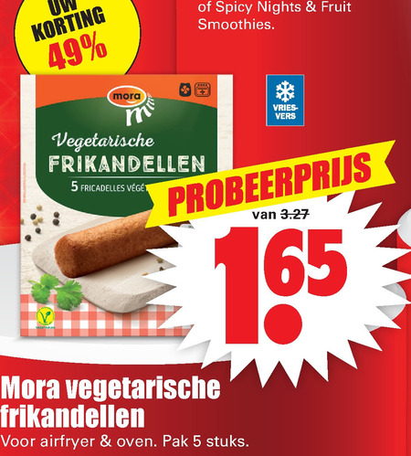 Mora   vegetarisch, frikandellen folder aanbieding bij  Dirk - details