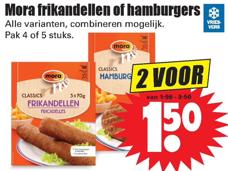 Mora   frikandellen, hamburger folder aanbieding bij  Dirk - details