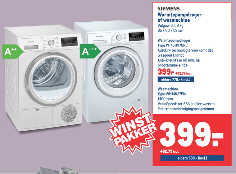 argument vloek Terugbetaling Siemens wasmachine, warmtepompdroger folder aanbieding bij Makro - details