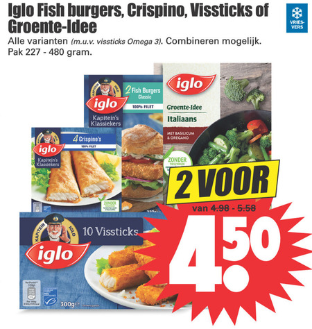 Iglo   visburgers, vissticks folder aanbieding bij  Dirk - details