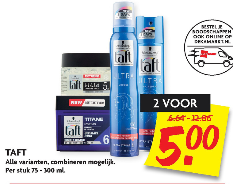 Taft   haargel, hairspray folder aanbieding bij  Dekamarkt - details