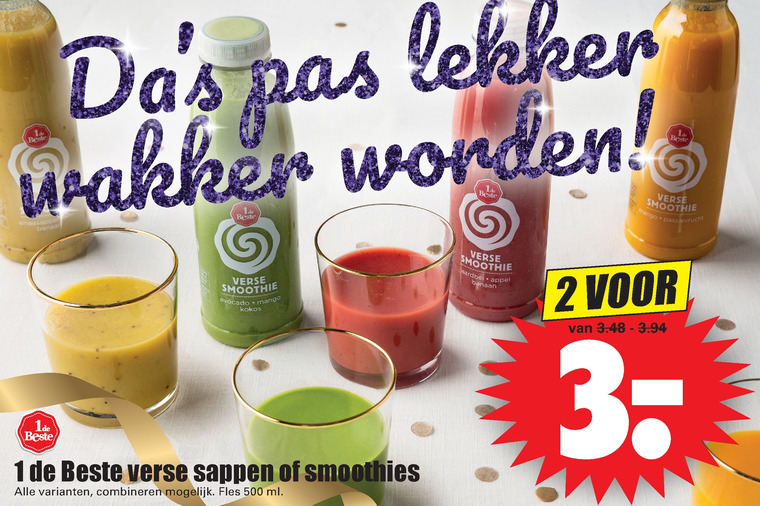 1 De Beste   fruitsmoothie, vruchtensap folder aanbieding bij  Dirk - details