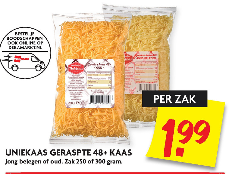 Uniekaas   geraspte kaas folder aanbieding bij  Dekamarkt - details