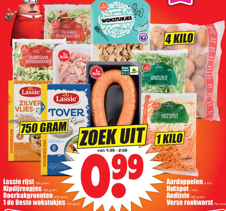 Lassie   rookworst, rijst folder aanbieding bij  Dirk - details