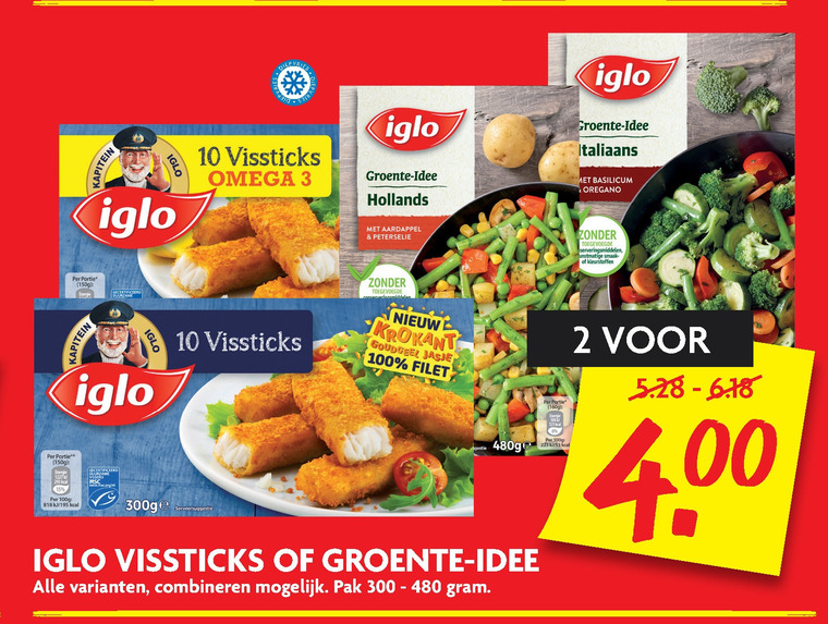 Iglo   diepvriesgroente, vissticks folder aanbieding bij  Dekamarkt - details